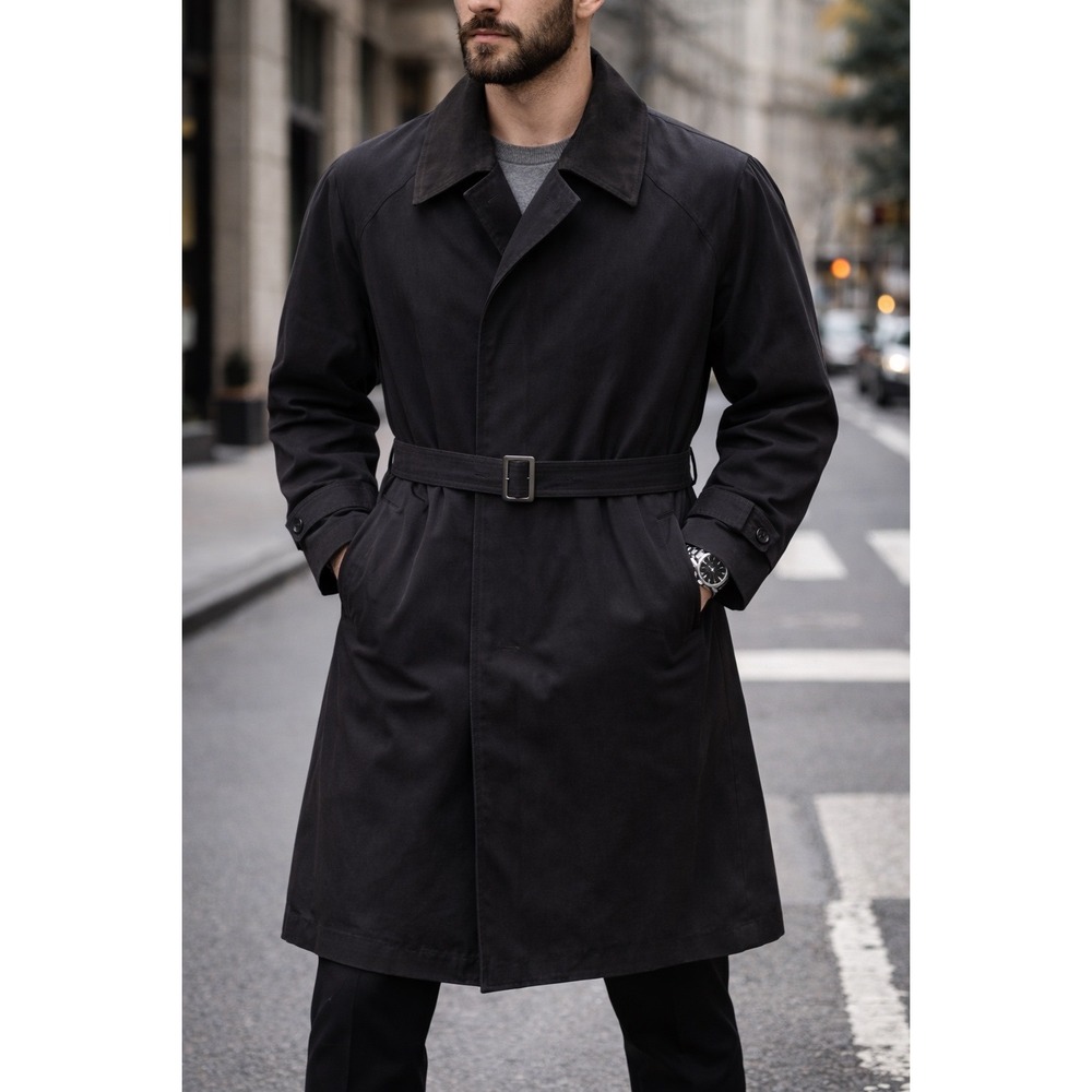 Utex Men Black Belted Trench Coat Suede Collar Storm‎ Flap Overcoat Size 40 Med